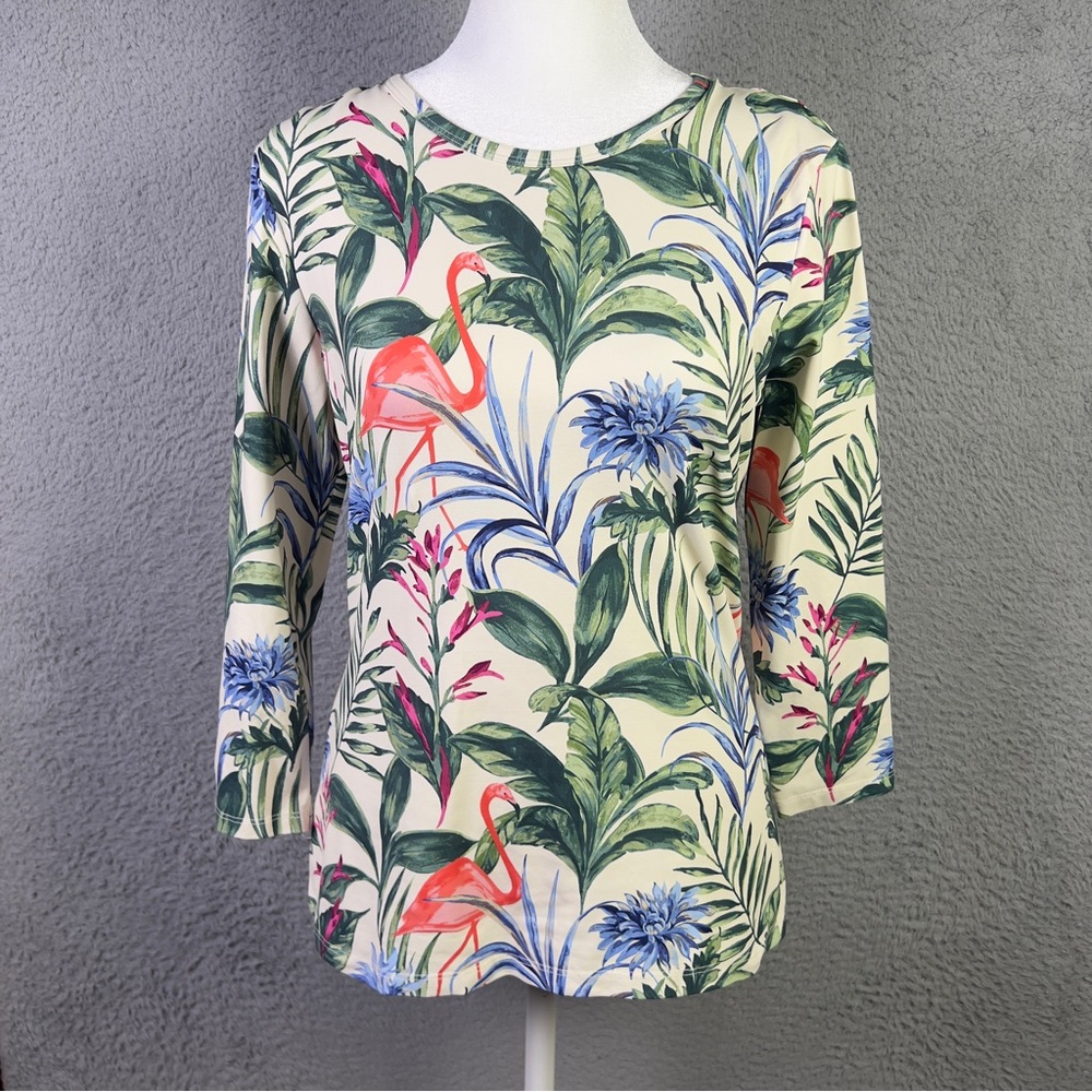 J McLaughlin Top Womens Small Beige Flamingo Floral Catalina Cloth 3/4 Sleeve